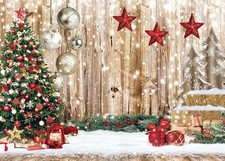 CYLYH 8X6FT Christmas Backdrop Rustic Wood Snow Backdrop Xmas Tree Gifts Back...