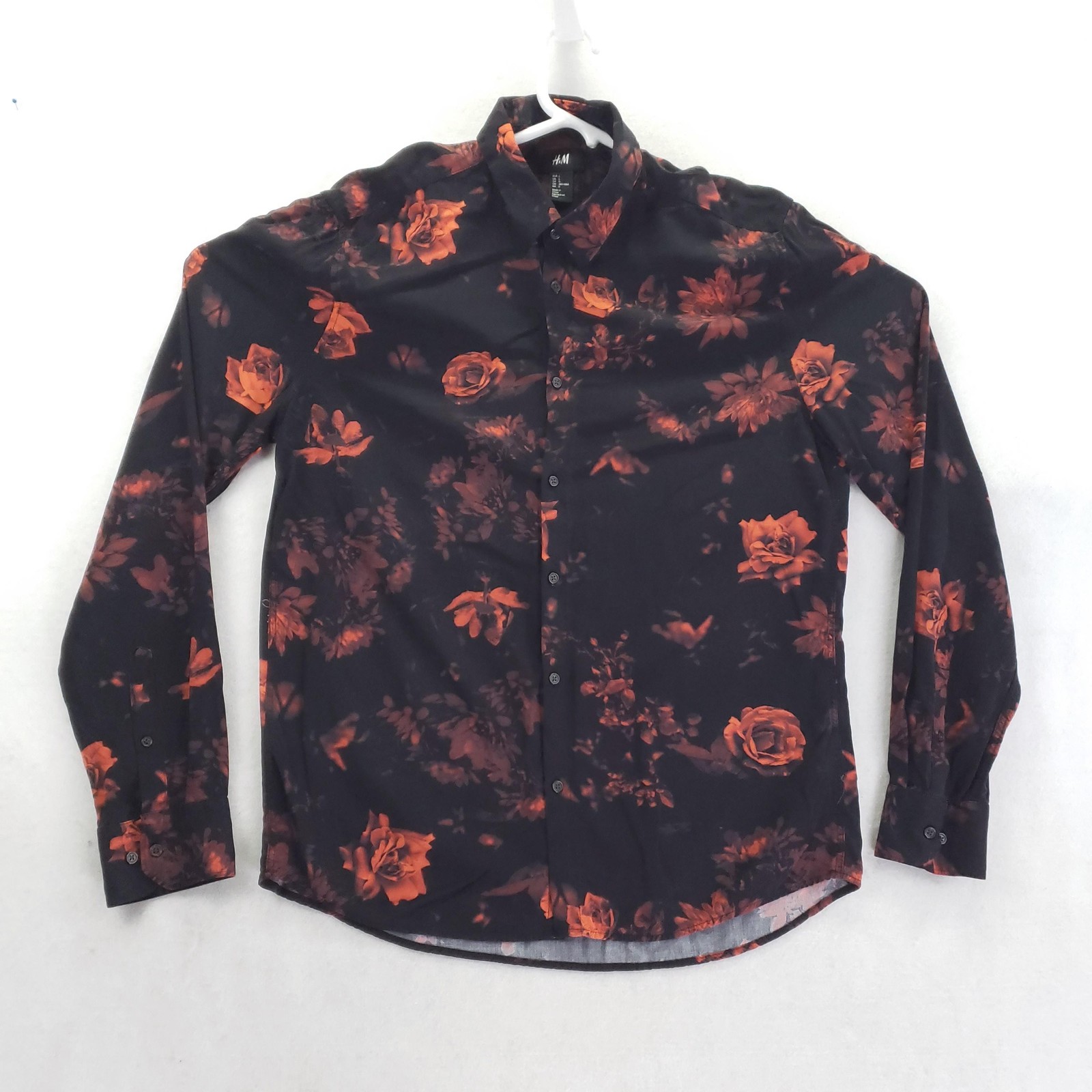 H&M Shirt Mens Large Black Floral Long Sleeve Button Front Viscose Casual