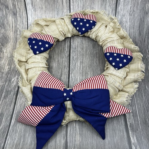 Patriotic Country Chic 13” Wreath 4th Of July, Hearth Shaped Flags Bow VTG
