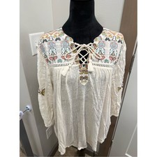 Lucky Brand Embroidered Peasant Top Boho Aztec Southwestern Cream Linen Blend 1X