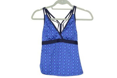 LL Bean Women s Tankini Swim Top Size 4 Blue Geometric UPF 50 Strappy Back