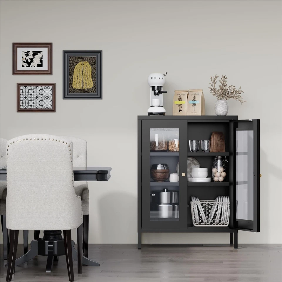 Mueble de baño Elegro 31,5" de metal negro con puertas de cristal, aparador para hogar Foto 2 de 4