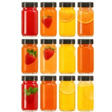 12 Pack 2 oz Glass Shot Mini Bottles with Black Lids - Small,