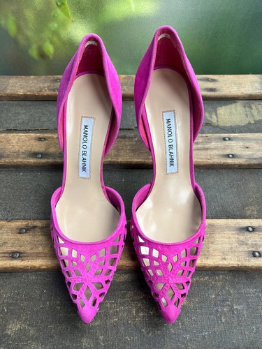 MANOLO BLAHNIK D'Orsay Pump Pink Perforated Nubuck Suede Heels Size 37 US 6 - Picture 3 of 10