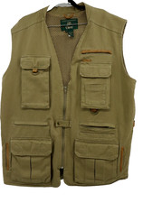 Vtg Orvis Utility Fishing Vest Heavy Twill Leather Trim Men Sz XL Brown Full Zip
