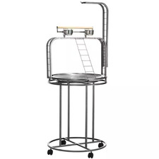 Gray Steel Bird Feeder, Bird Perch Stand, Parrot Stand, with Toy Hook, 3 Ladders