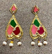 Christian Lacroix Earrings Multicolor Large Heart Pearl Gold tone Clip on Dangle