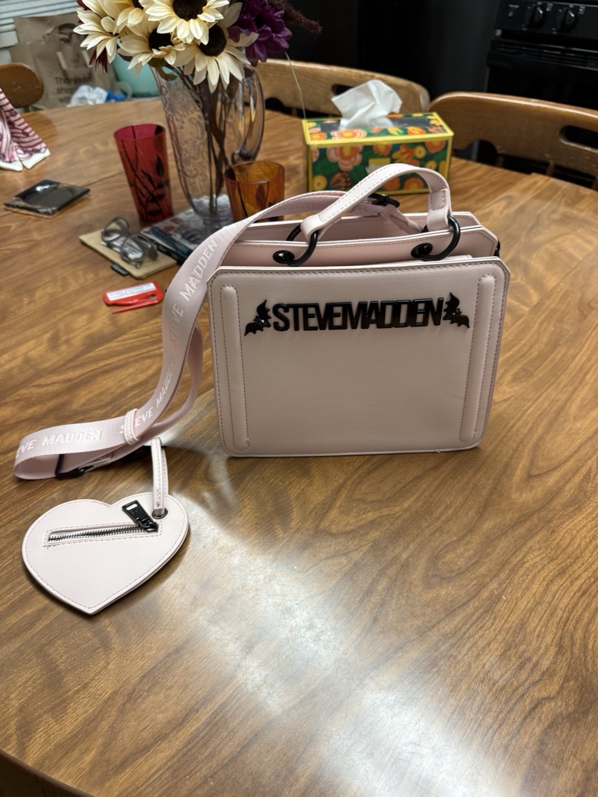 Steve Madden Bevelyn Pink Bat Crossbody Bag Heart Charm Satchel Purse