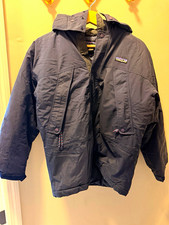 Patagonia Kids L 12 Navy Hooded Down Jacket Nylon Shell Snap Closure