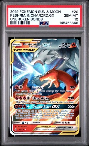 2019 POKEMON SUN & MOON UNBROKEN BONDS #20 RESHIRAM & CHARIZARD GX PSA 10