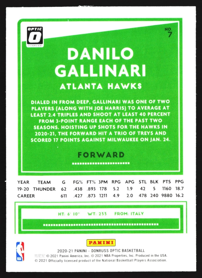 Карта Данило Галлинари 2020–21 Donruss Optic Atlanta Hawks No7 - Изображение 2 из 2