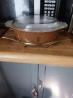Vintage PYREX EARLY AMERICAN 1 1/2 QT Oval Casserole & Lid 043 Gold / Brown
