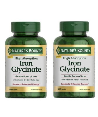 Lot of 2 Nature's Bounty Iron Glycinate HIGH ABSORPTION 300 Count ea EXP 3/2028