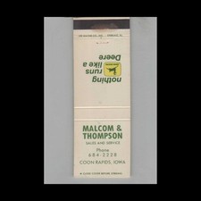 Matchbook Cover John Deere Dealer Malcom & Thompson Coon Rapids IA