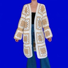 Vintage Handmade Beige White Granny Square Crochet Open Cardigan