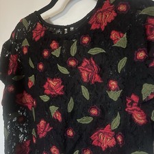 Whimsigoth Top Women's M Black Lace Red Roses Floral Dark Fairy Acadamia Goth
