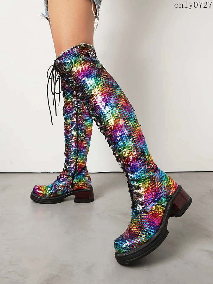 Botas brillantes con lentejuelas hasta la rodilla para mujer con plataforma con cordones zapatos brillantes Foto 4 de 4