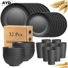32 PCS Black Dinnerware Set Service for 8, Kitchen Wheat Straw Dinnerware Set