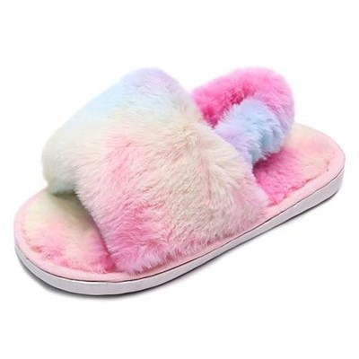 Girl's Fuzzy Fluffy Furry Slippers Cross Band Shoes Slides for Girls Fur Flip