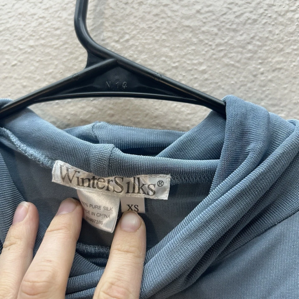 Camisa Wintersilks para mujer 100 % seda capa base manga larga cuello falso azul XS Foto 3 de 4