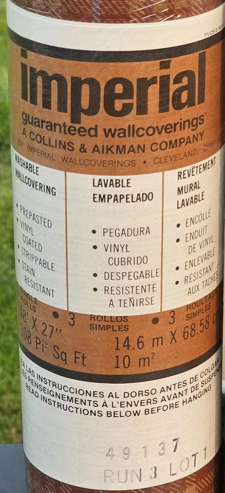 Vintage Imperial Wallcoverings Brown Plaid Vinyl Prepasted Wallpaper 150+ Sq Ft - Image 2 of 4