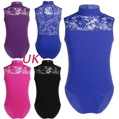 UK Girls Floral Lace Back Ballet Leotard Gymnastics Unitard Gym Workout Jumpsuit