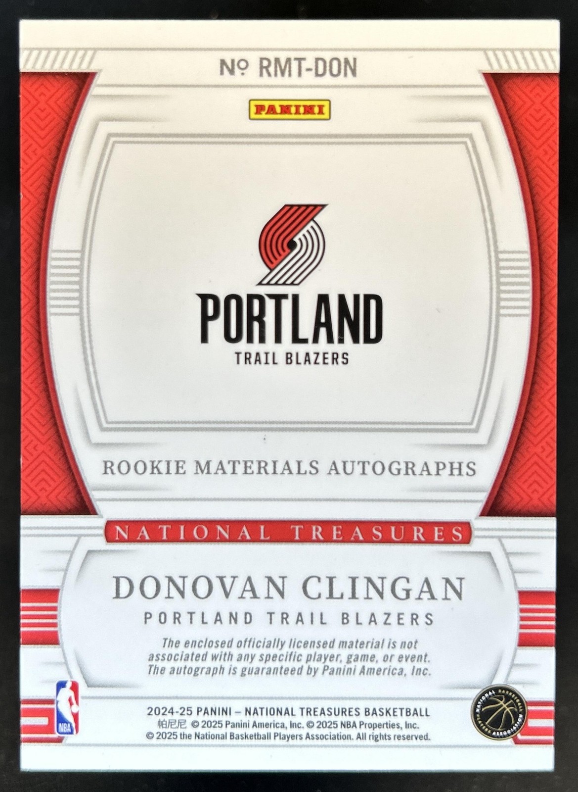 2024-25 National Treasures Donovan Clingan Rookie Auto Triple Patch #/99 view 2