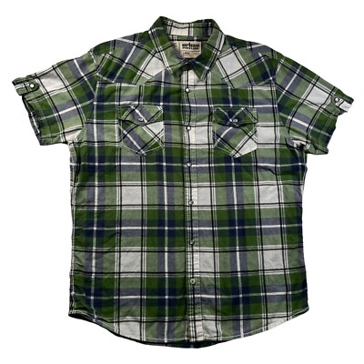 Urban Pipeline Shirt Men's S/S Western Theme Snap Up Plaid Green Blue White Lg