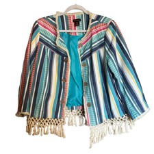 Multiples Jacket Womens Large Multicolor Stripe Boho Fringe Tassel Hem Outerwear