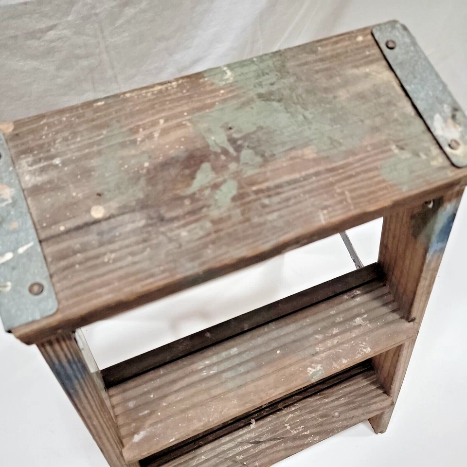 Soporte para plantas de escalera de madera vintage de 2 escalones, pátina chippy, decoración rústica de granja Foto 4 de 4