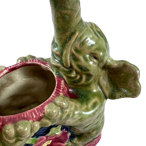 Double 2 Elephants Antique Majolica Planter Vase Vintage Ceramic Monkeys 10 Inch - Picture 9 of 12