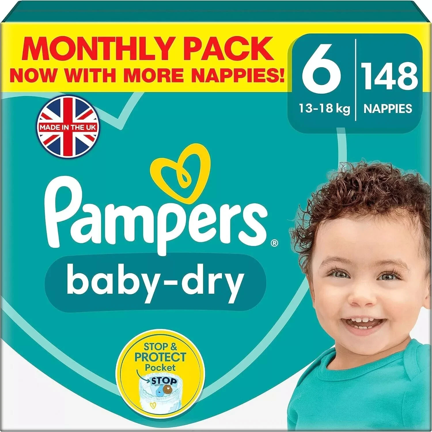 Pampers Baby-Dry Nappies Size 6, 148 Nappies, 13kg-18kg, 100% Leak-Free Night
Opens in a new window 