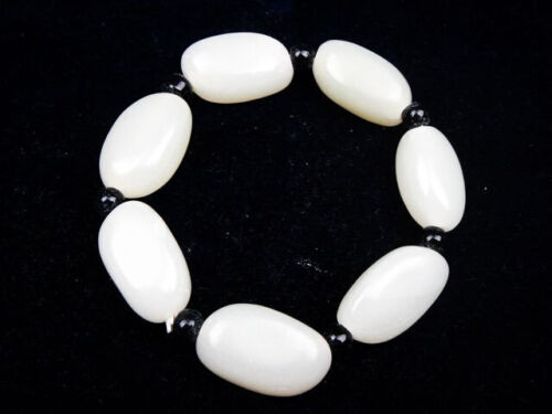 Bracelet bracelet 7 perles ovales HeTian Jade fabriqué avec bande extensible #05132203M - Photo 1 sur 7