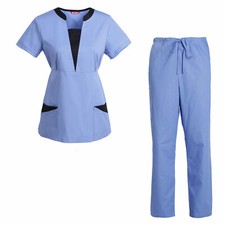 Women's Scrub Set Medical Nursing Uniform Top and Drawstring Cargo Pants
