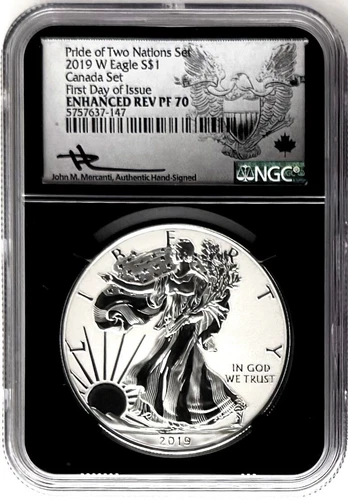 2019 W ENHANCED REVERSE PROOF SILVER EAGLE FDOI CANADA SET NGC PF70 MERCANTI
