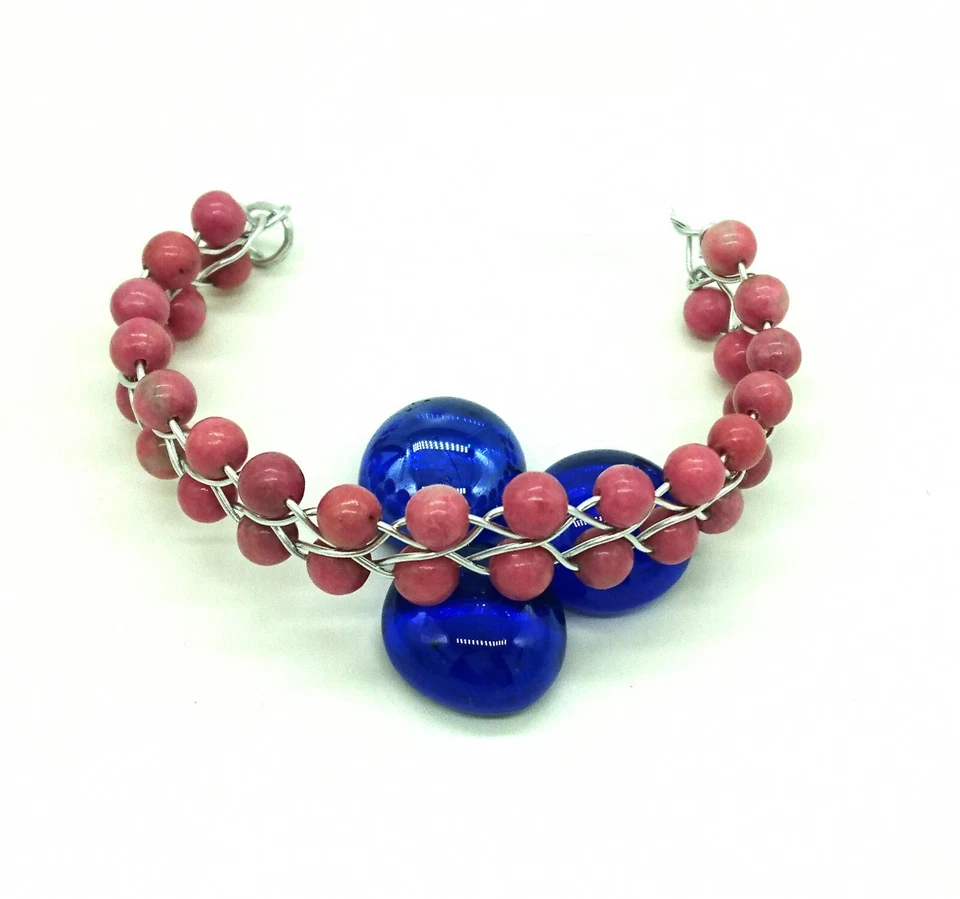 Pulsera de piedras preciosas rosa Rhodocrosita, aluminio anodizado, no alergénico Foto 3 de 4
