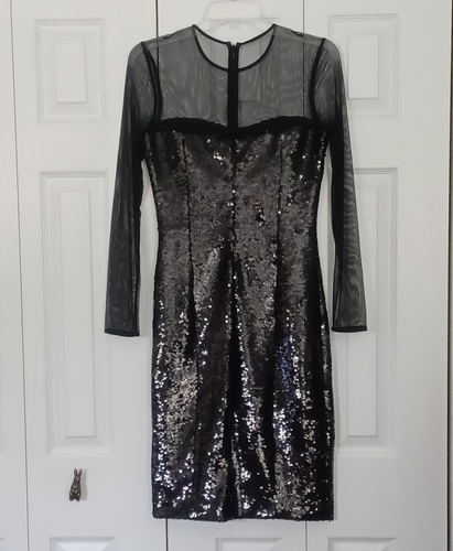 Abito nuovo con etichette Cache vintage maniche trasparenti petto scollo a cuore nero paillettes taglia 6 - Foto 6 di 12