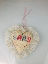 Handmade Heart Cross Stitch Door Hanger Baby Nursery Lacy Cute Vintage