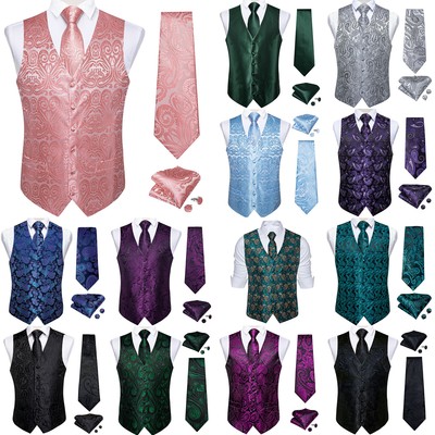 Men's Formal, Prom, Wedding, Tuxedo Vest, Bow-Tie & Hankie Set In Black Gold Paisley - Foto 12