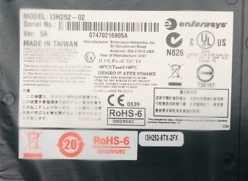 NEW ENTERASYS I3H252-02 INDUSTRIAL ETHERNET SWITCH I3H252-8TX-2FX w/POWER CORD - Picture 5 of 5