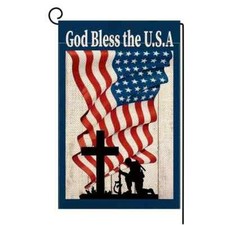 NEW GOD BLESS THE USA  SOLDIER KNEELING  PATRIOTIC  GARDEN FLAG  12 X 18