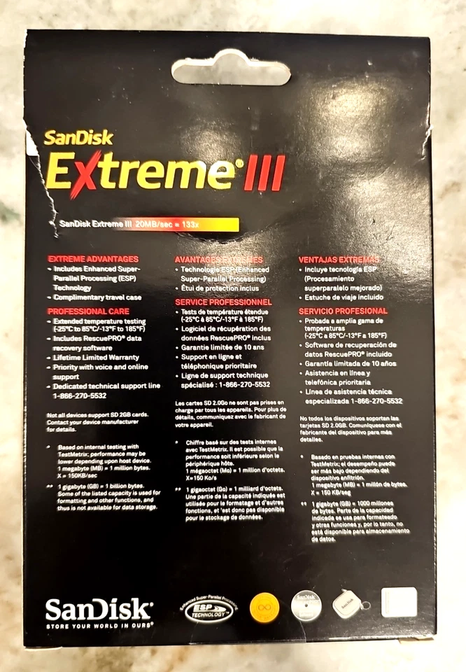 SanDisk Extreme III 2GB SD Card - SDSDX3-002G-A21 - 20MB/s 133X - Class 6 - Image 2 of 2