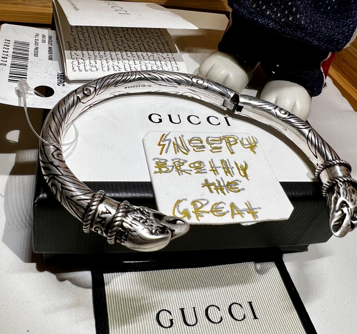 New GUCCI Solid 925 Sterling Silver Anger Forest Eagle Bangle Cuff