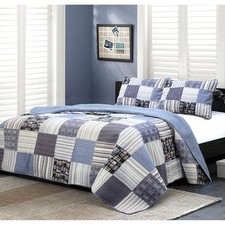 NEW COZY CLASSIC BLUE NAVY DENIM GREY RED CABIN PLAID STRIPE SOFT QUILT SET