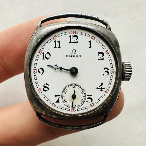 RARE Military Watch OMEGA CUSHION TRENCH Cal. 26.5 Silver 0,925 Swiss Vtg REPAIR