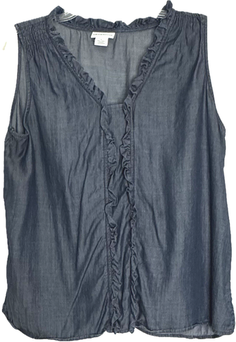 Liz Claiborne Blue Chambray Top Sz L Sleeveless V-Neck Ruffle Collar Pullover