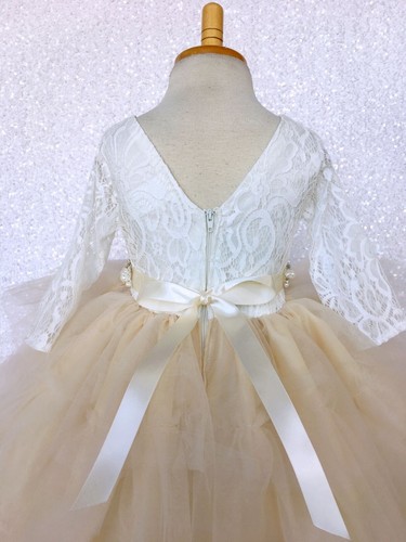 Ivory Lace 3/4 Sleeve Multicolor High Low Tulle Ruffle Flower Girl Dress Wedding - Picture 34 of 50