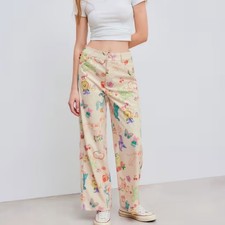 Cider Corduroy Animal Fruit Graphic Wide Leg Trousers Cream XS New