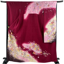 JAPANESE KIMONO FURISODE Red purple 167cm 5 ft 6 in PURE SILK AA10513