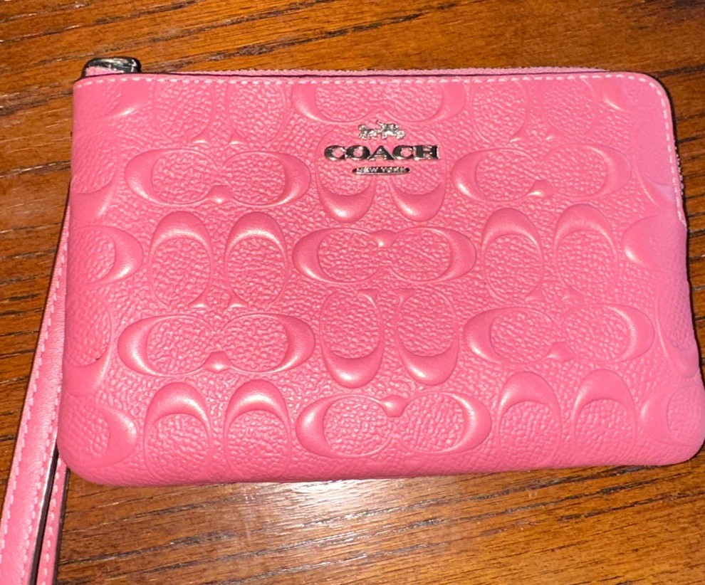 Coach Pink Signature Embossed Leather Wristlet Wallet Zip | eBay
